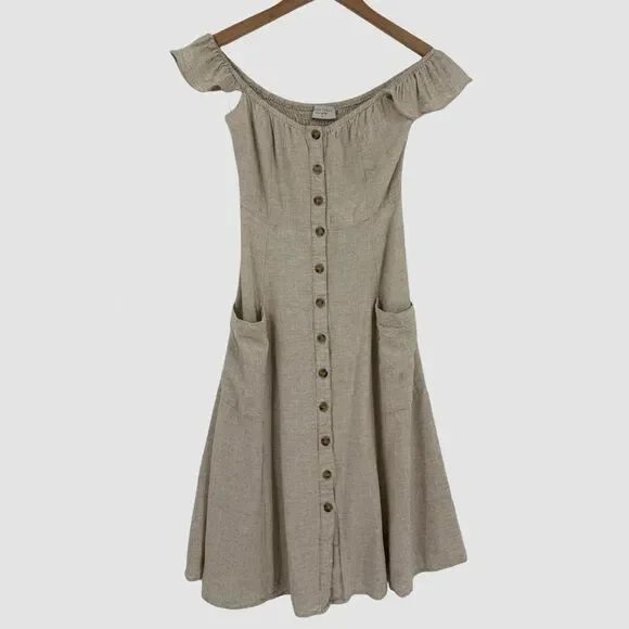Dress Forum Linen Blend Off Shoulder Smocked Back Dress in Natural | Small - Picture 2 of 6